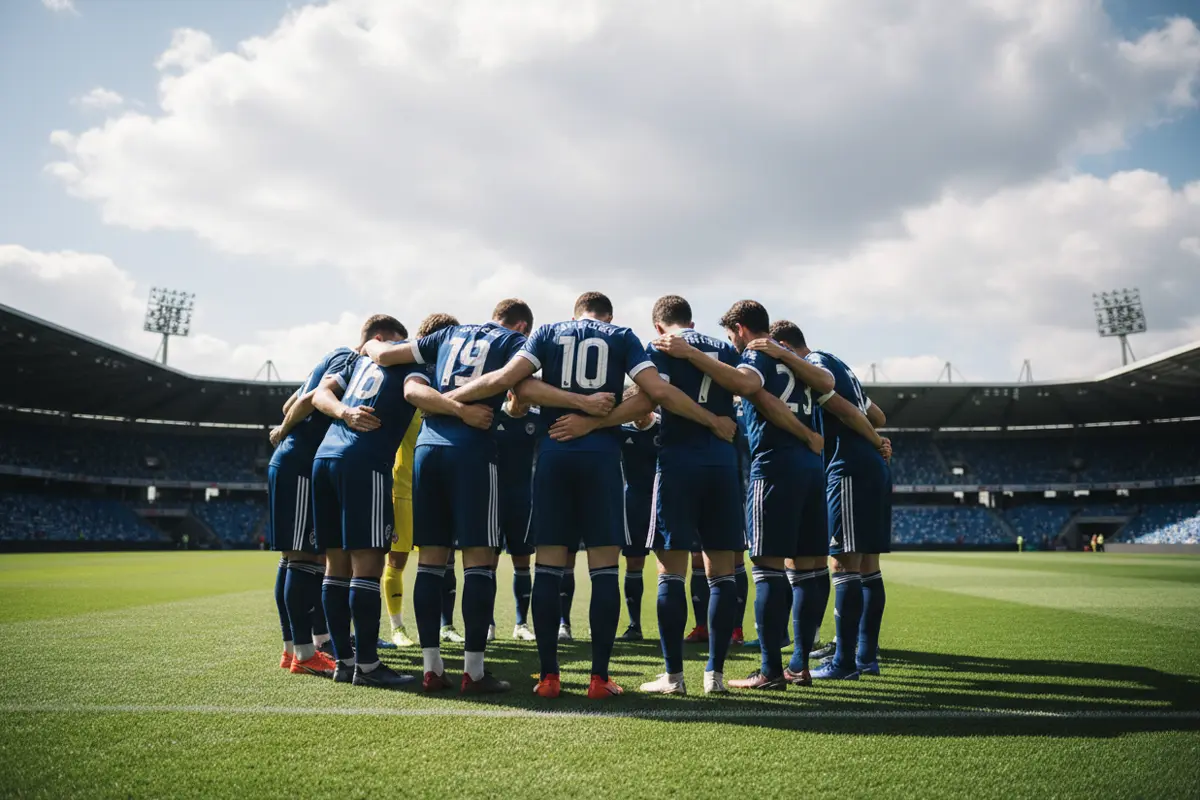 Équipe de football réunie en cercle sur le terrain