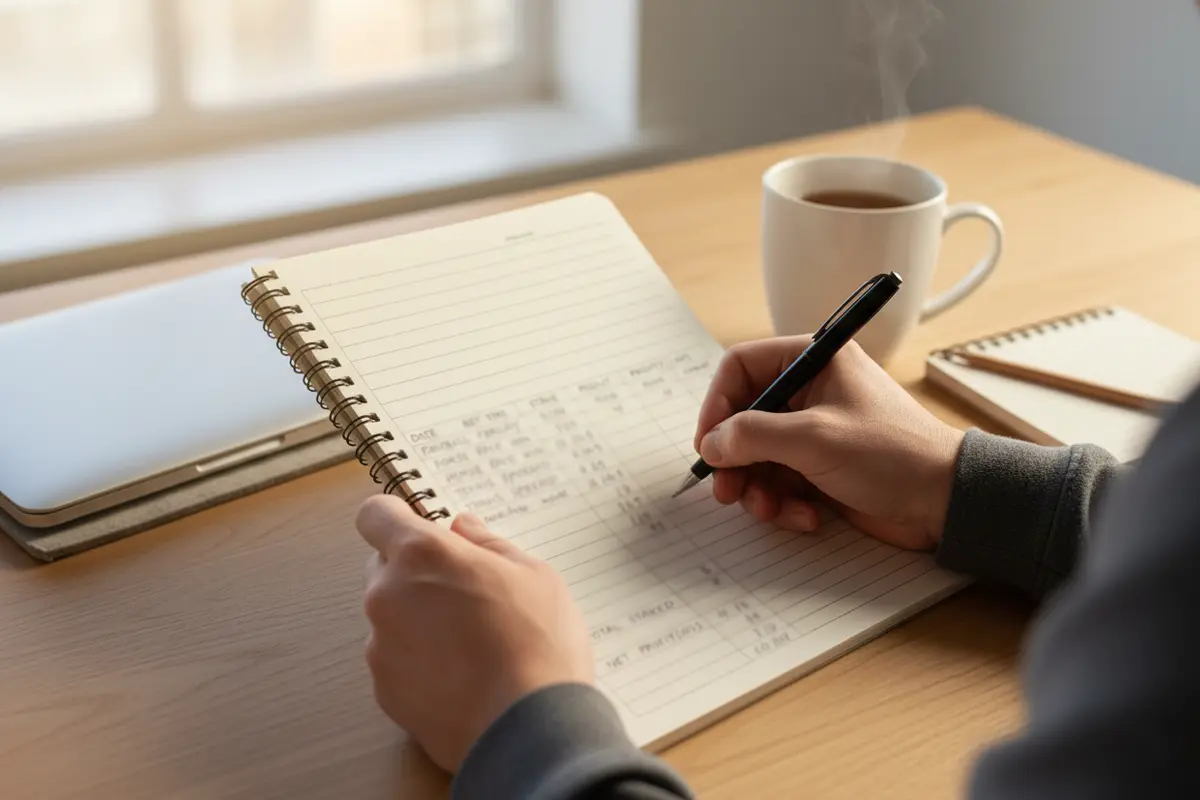 Personne notant ses paris dans un carnet avec un budget établi