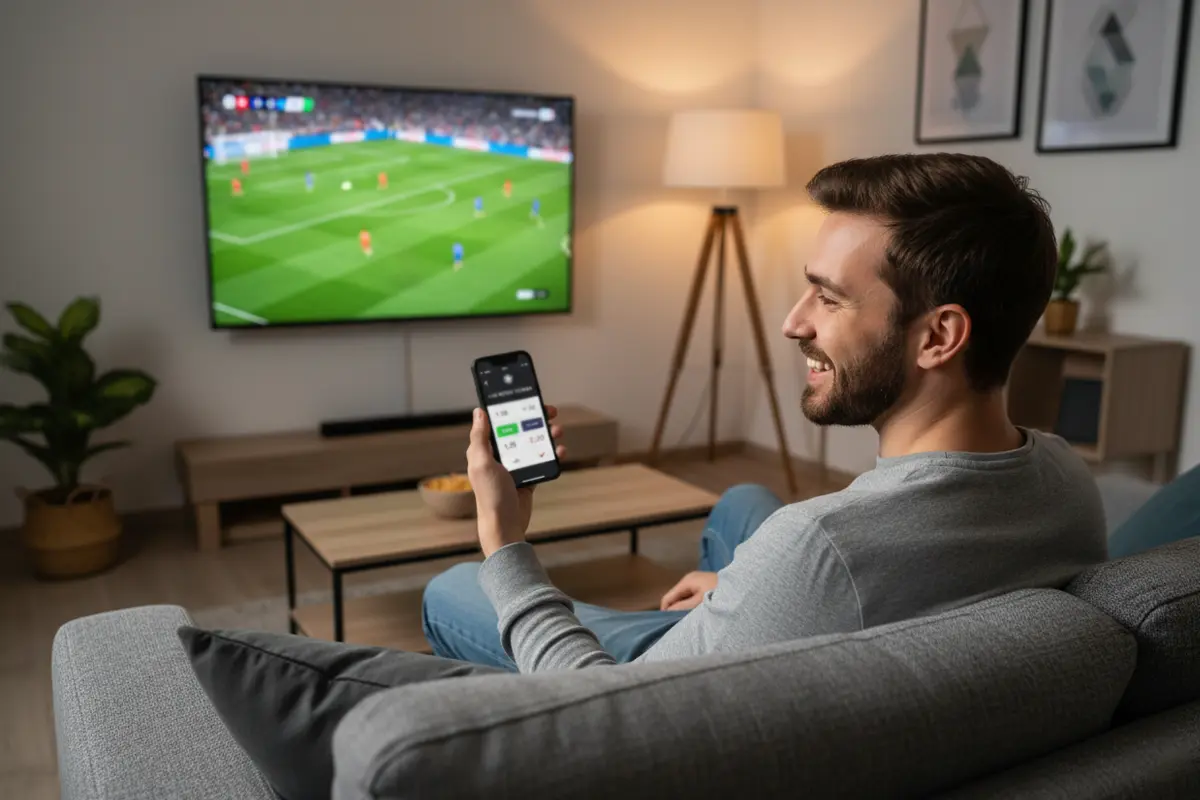 Supporter regardant un match de football sur smartphone avec application de paris